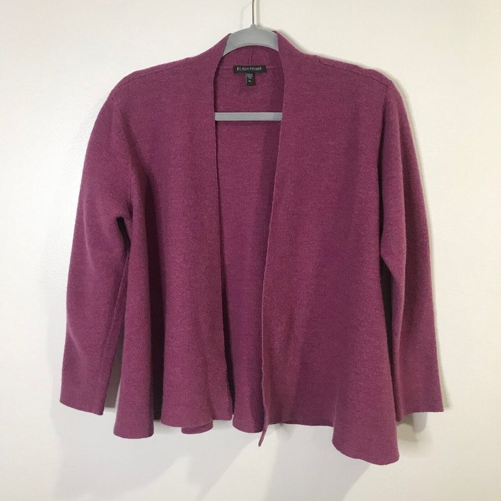 Eileen Fisher 100% Wool Italian Yarn Cardigan Sweater Sz XL Purple Stretch Knit